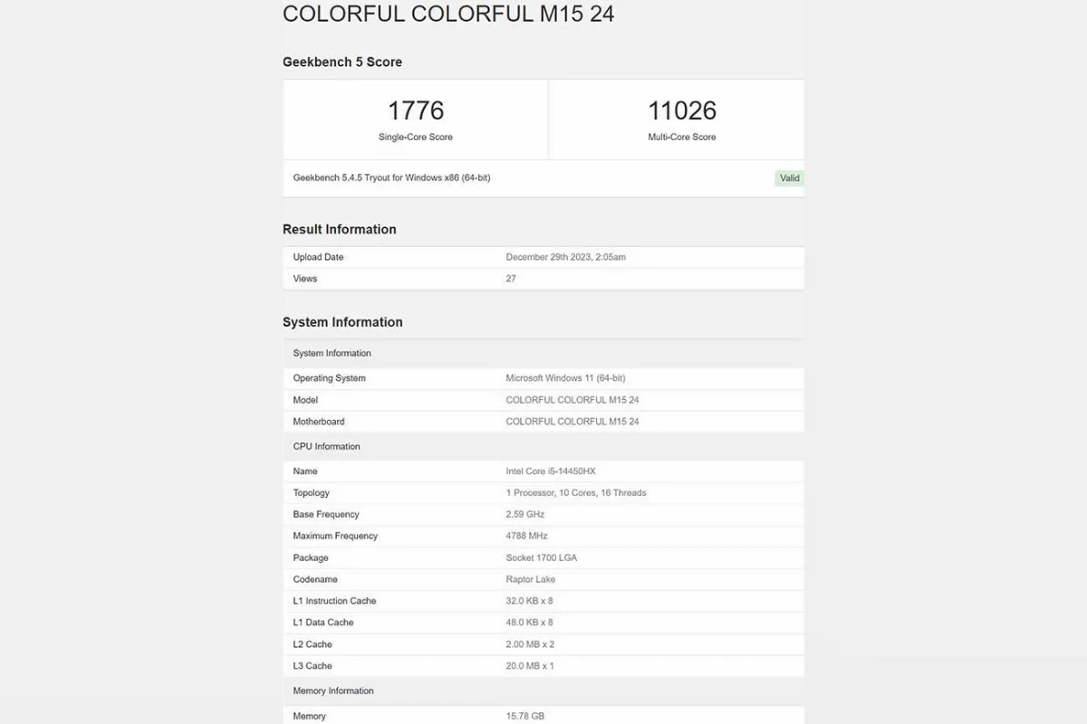 تست گیک‌بنچ پردازنده‌ی اینتل Core-i5 14450HX در لپ‌تاپ Colorful M15 24